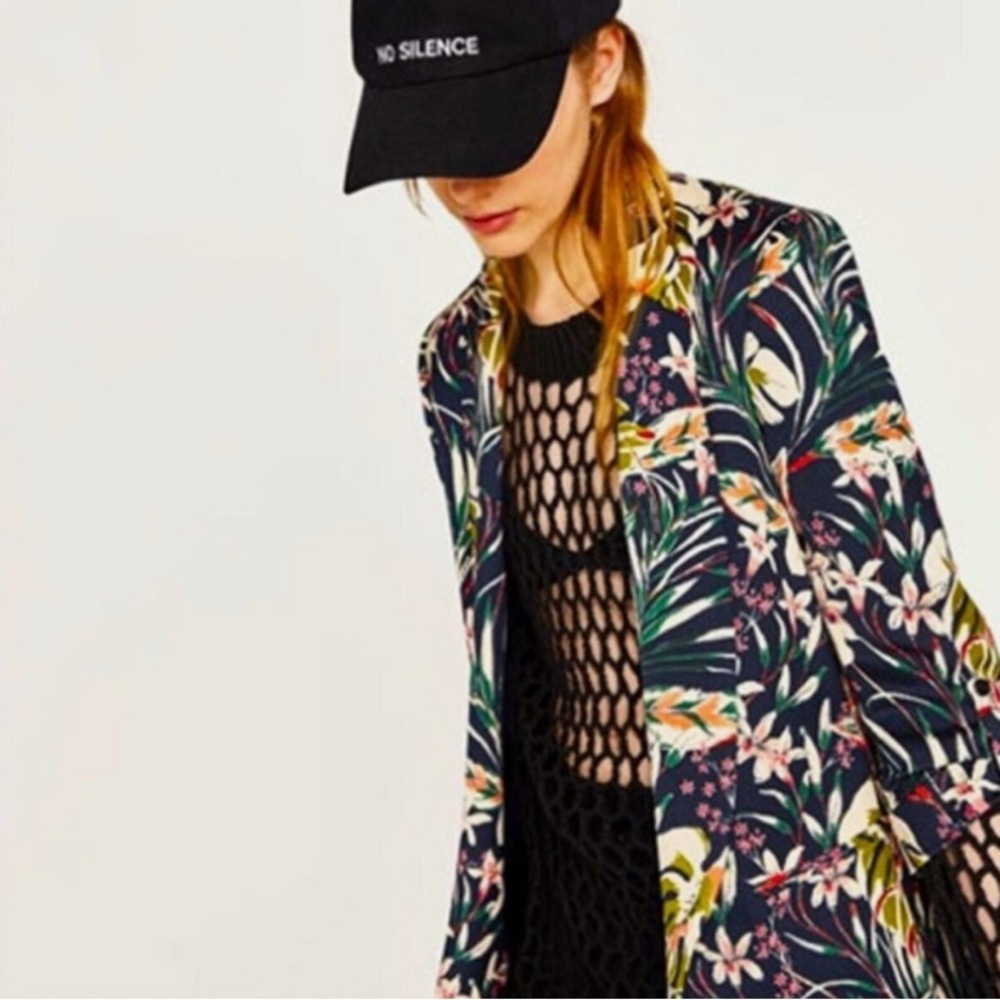 Zara Tropical Floral Satin Effect Blazer 3/4 Ruched Sleeves Botanical Size M